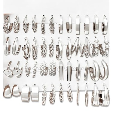 17IF 24 Pairs Silver Earring Set for Women Chunky Earring Multipack Punk Trendy Big Small Stud Hoop Earring Lightweight Twisted Pearl Ear Pack For Daily Birthday Party