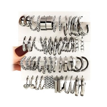 17IF 24 Pairs Black Silver Earring Set For Women Chunky Earring Multipack Punk Trendy Big Small Stud Hoop Earring Lightweight Twisted Pearl Ear Pack For Daily Birthday Party Gift