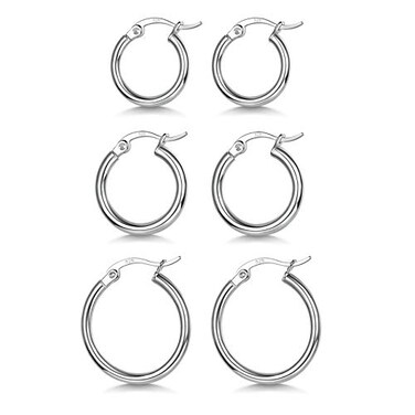 Fcebsty 3 Pairs 925 Sterling Silver Hoop Earrings Small White Gold Plated Hoop Earrings for Women 13mm 15mm 20mm