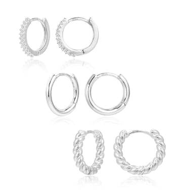 ALEXCRAFT 3 Pairs Small Huggie Hoop Earrings Set White Gold Hypoallergenic Silver Huggie Hoops Earrings for Women