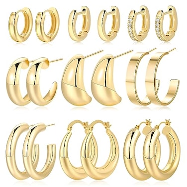 17KM 9 Pairs Gold Chunky Hoop Earrings Set for Women Hypoallergenic Thick Open Twisted Huggie Hoop Jewelry for Gifts