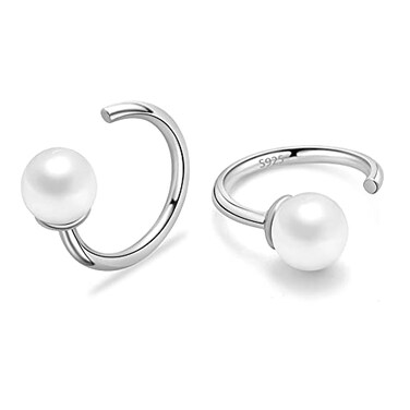 CHIC &amp; Ball Huggie Hoop Earrings 925 Sterling Silver White Simulated Shell Pearl Half Hoop Earring Little Ball Huggie Earring Hug Hoop Earring Huggy Earring for Women