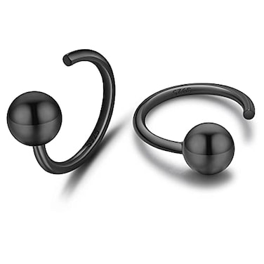 CHIC & Black Half Hoop 925 Sterling Silver Little Ball Huggie Black Hug Hoop Earring for Women
