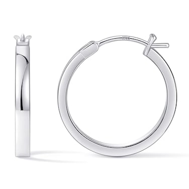 Gacimy Hoop Earrings for Women 14K White Gold Plated Flatted Hoops with 925 Sterling Silver Post 20mm Medium Earrings for Women