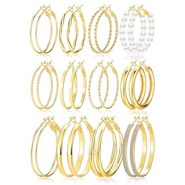 FANDY Gold Hoop Earrings Set for Women 12 Pairs Hypoallergenic LargeBig Thin Thick Gold Hoops Earrings Loop Pack for Birthday Party 40mm50mm