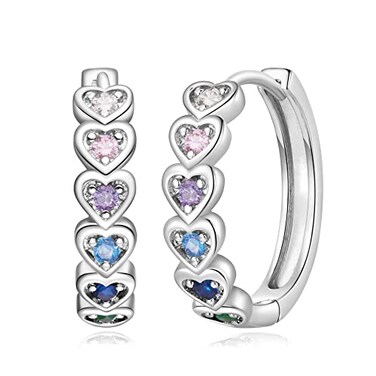 VOROCO Heart Rainbow Hoop Earrings for Women Silver Multicolor Cubic Zirconia Huggie Hoop Earrings with 925 Sterling Silver Post 20mm