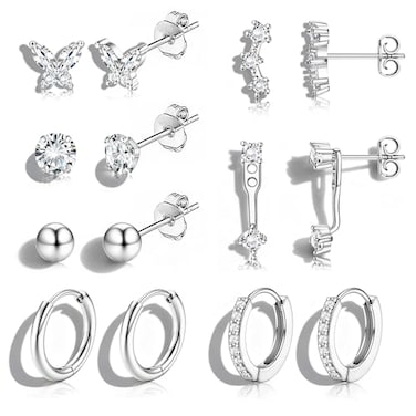 Jstyle Hypoallergenic Silver Plated Stud Hoop Earrings for Women Surgical Stainless Steel Earrings Dainty Small Hoops Cartilage Earring Stacks Huggie Earring Set for Multiple Piercing Jewelry