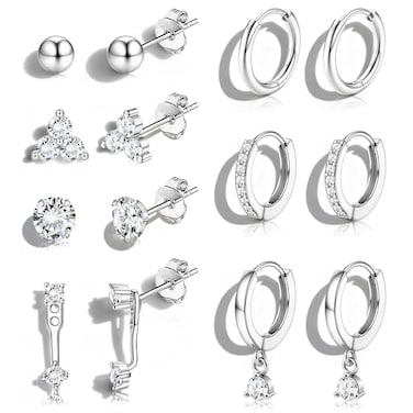 Jstyle Hypoallergenic Silver Plated Stud Hoop Earrings for Women Surgical Stainless Steel Earrings Trendy Small Stud Earring Stacks Huggie Hoops Cartilage Earring Set for Multiple Piercing Jewelry