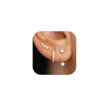 JUNVirtuous 925 Sterling Silver Earrings for Women Hypoallergenic 3 Pair Cubic Zirconia Small Silver Hoop Stud Earrings Sets for Multiple Piercing Stacks Plated Dainty Huggiu Earings Jewelry