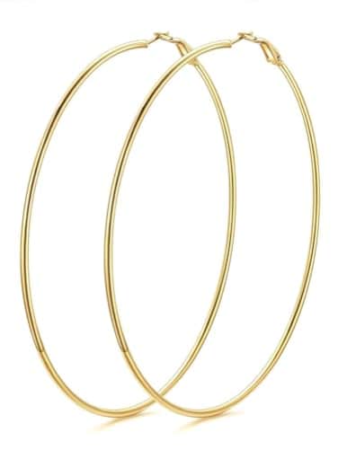 KeyStyle Womens Gold Thin Hoop Earrings Big Oversized Hoops 100 mm Classic Jumbo Earring Big Loops Stainless Steel Simple Ear Jew for Sensitive Ears