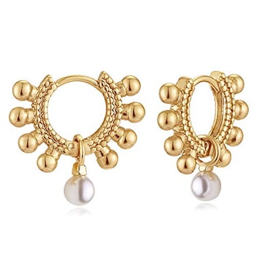 MYEARS Women Ball Earrings Gold Huggie Hoop Pearl Bead Dangle Drop 14K Small Simple Hypoallergenic Everyday Jewelry