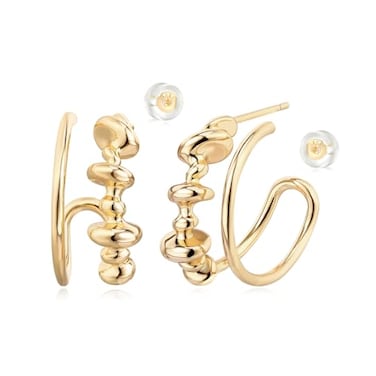 MYEARS Women Double Hoop Earrings Gold Open C Shape Nugget 14K Small Simple Hypoallergenic Everyday Illusion Jewelry