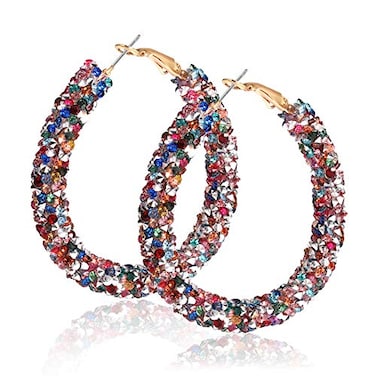NLCAC Glitter Hoop Earrings Bohemian Sparkle Resin Rhinestone Wrapped Hoop Dangle Earrings for Women Arainbow