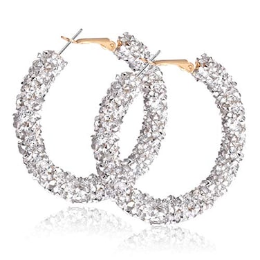 NLCAC Glitter Hoop Earrings Bohemian Sparkle Resin Rhinestone Wrapped Hoop Dangle Earrings for WomenCsilver