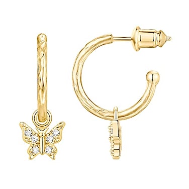PAVOI 14K Yellow Gold Plated 925 Sterling Silver Post Cute Dangle Huggie Hoop Earrings For Women Trendy Butterfly Open Hoop Earrings Small Hinged Hammered Huggies
