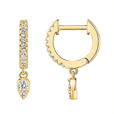 PAVOI 14K Yellow Gold Plated 925 Sterling Silver Post Small Hinged Huggie With Dangle Trendy Tear Drop Shaped Cubic Zirconia Dangle Hoop Earrings For Women