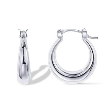 PAVOI Rhodium Plated 925 Sterling Silver Post Chunky Hoops 25mm Thick Lightweight Gold Hoop Earrings for Women