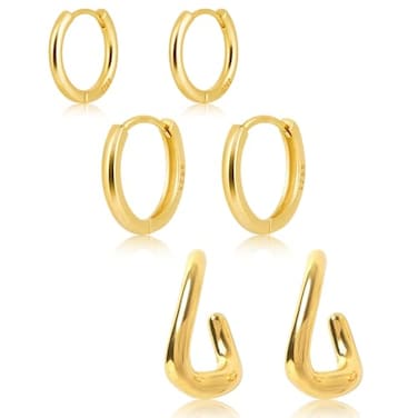 Poxtex Small Gold Huggie Hoop Earrings Stacks for Women Hypoallergenic 14K Plated Triangle Earring for Multiple Piercings Lightweight Mini Cute Dainty Trendy Cartilage Hoops Jewelry Set Gift