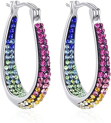 Savlano 14K White Gold Plated Inside Out Crystal Hoop Earrings For Women Girls Comes With Gift Box