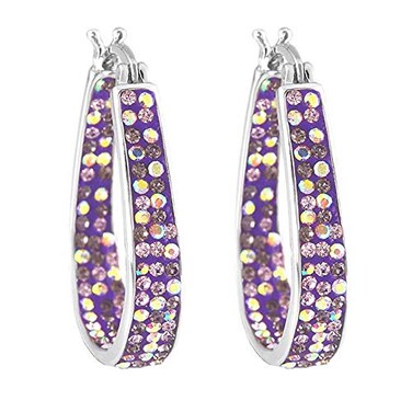 Savlano 14K White Gold Plated Inside Out Crystal Hoop Earrings For Women Purple