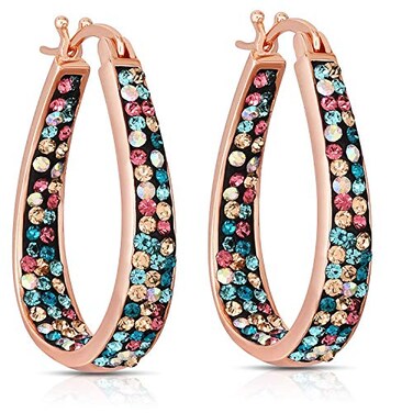 Savlano Inside Out Oval Shape Crystal Hoop Earrings For Women Rose Gold Multicolor