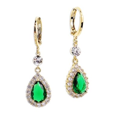 Sonateomber Green Austrian Crystal Teardrop Dangle Gold Small Hoop Earrings for Women Sparkly Emerald Rhinestone Drop Earing Dangling Wedding Prom Jewelry Gift