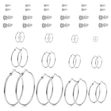 Spiritlele 24 Pairs Silver Hoop Earrings Lightweight Multipack Cubic Zirconia Earrings Assorted Earrings Set for Women
