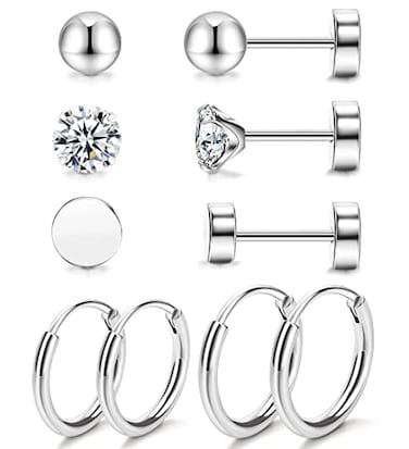 Staligue 5 Pairs Pure Titanium Earrings for Women 20G Hypoallergenic Flat Back Earrings Studs Hoops Set with CZSilvery