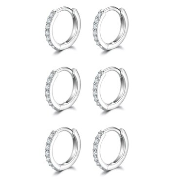 Dlihc Sterling Silver Small Hoop Earrings Tiny Cartilage Earring Cubic Zirconia Cuff Huggie Earrings Mini Hoops Earrings Piercing for Women 3 Pairs 8mm