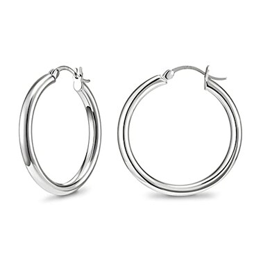 SWEETV Sterling Silver Post Earrings Chunky Hoop Earrings for Women 25MM Polished Huggie Earrings for Sensitive Ears