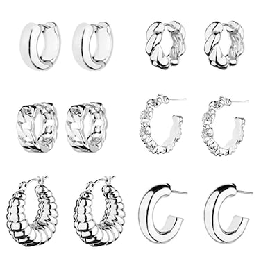 wgoud Wgoud Chunky Hoop Earrings Set Silver Hoop Earrings for Women Hypoallergenic Thick Hoops Earring set Twist Huggie Hoop Earring 6 Silver Chunky Hoops