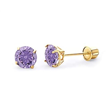 The World 14k REAL Yellow Gold 5mm Round February Birthstone Color Solitaire Basket Set Stud Earrings with Screw Back