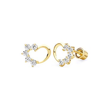 The World 14k REAL Yellow Gold Journey White Color CZ Heart Stud Earrings with Screw Back