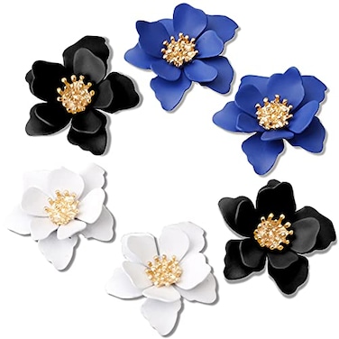 GPASTG 2 Pairs Chic Boho Matte Flower Statement Stud Earrings Set with Gold Flower Bud for Women Sister Mom Lover and Friends WhiteDark Blue