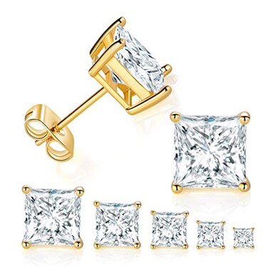 MDFUN 5 Pairs 14K Yellow Gold Plated Princess Cut Clear Cubic Zirconia Stud Earring Set for Women Men