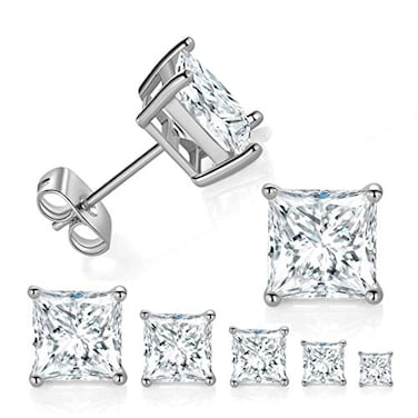 MDFUN 5 Pairs Stud Earrings Pack 18K White Gold Plated Princess Cut Clear Square Cubic Zirconias Stud Earring for Women and Men