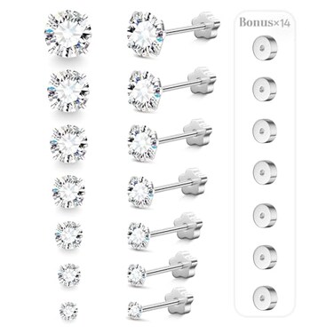 ONEBLOOMUNIVERSE 7 Pairs 20G Hypoallergenic Flat Back Earrings for Women Lightweight Silver Stainless Steel Stud Earrings Multiple Piercing Stack Screw Back Earrings for Sensitive Ears Everyday Jewelr