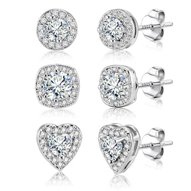 ALEXCRAFT Sterling Silver Halo Stud Earrings for Women Cubic Zirconia Round Heart Square Diamond Large Silver Studs Set Earring for Men 3 Pairs