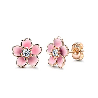 AllenCOCO Rose Gold Plated Blue Cherry Blossom Stud Earrings Blue Flower Ear Studs for Women Jewelry Gift Rose Gold Pink