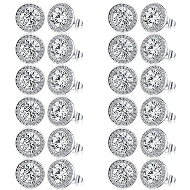 Bonuci 12 Pairs 15 mm Dance Competition Earrings Rhinestone Studs Round Earring Bulk Silver Jewelry Women Performance WeddingEar Stud