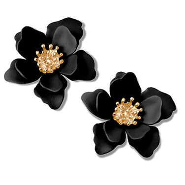 GPASTG Chic Cute Boho Matte Flower Statement Stud Earrings with Gold Flower Bud for Women Sister Mom Lover and Friends Black