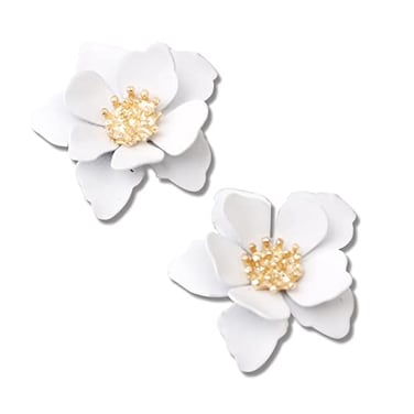 GPASTG Chic Cute Boho Matte Flower Statement Stud Earrings with Gold Flower Bud for Women Sister Mom Lover and Friends White