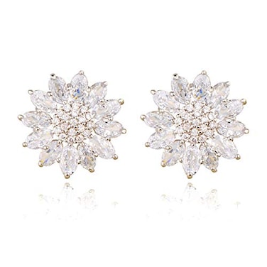 Mycitta Crystal Flower Burst Stud Earirings Elegant Hypoallergenic Large Big Sterling Silver Sparkly CZ Cubic Zirconia Rhinestone Daisy Sunflower Floral Cluster Flower Stud Earrings Bridal Wedding Par