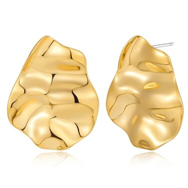 ENSKEFEN Irregular Gold Stud Earrings for Women Hammered Wavy Gold Earrings Boho Geometric Statement Earring Vintage Pleated Earring