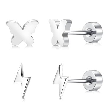 FACOKO Flat Back Earrings for Women 2 Pairs Silver Titanium Earring Hypoallergenic Lightning Bolt Stud Nickel Free Butterfly Stud Screw Back Earrings for Men 5MM