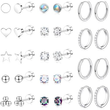 Gemtastic Flat Back Stud Cartilage Earrings for Women Surgical Stainless Steel Earring Sets Stack for Sensitive Ears Multiple Piercing Screw Back