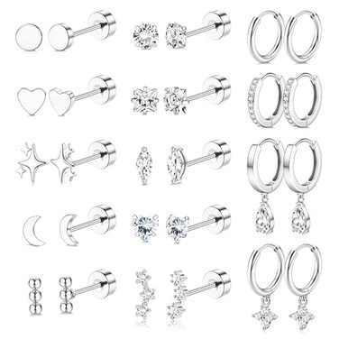 Florideco Hypoallergenic Flat Back Earrings for Women Surgical Steel Stud Hoop Earrings for Sensitive Ears Stainless Steel Earrings Silver Plated Flatback Stud Cartilage Earring Set