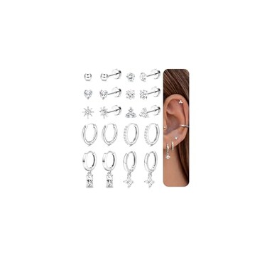 Florideco Hypoallergenic Flat Back Earrings Silver Cartilage Earring Sets for Multiple Piercing Surgical Stainless Steel Earrings for Women Trendy Earring Stacks Small Hoops Flat Back Stud Earrings