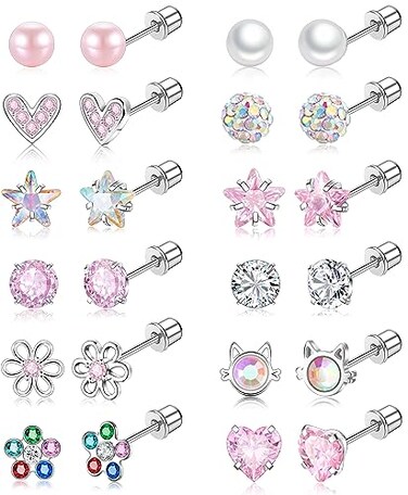 Gemtastic Surgical Steel Screw Back Earrings for Women Hypoallergenic Small Stud Earrings Flat Back Studs A