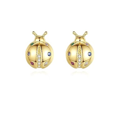 Izpack Golden Plated Ladybug Cartilage Tiny Stud Earrings 925 Sterling Silver Cubic Zirconia Crystal Tragus Sleeper Small Studs Earring Cute Jewelry Gifts for Women Hypoallergenic